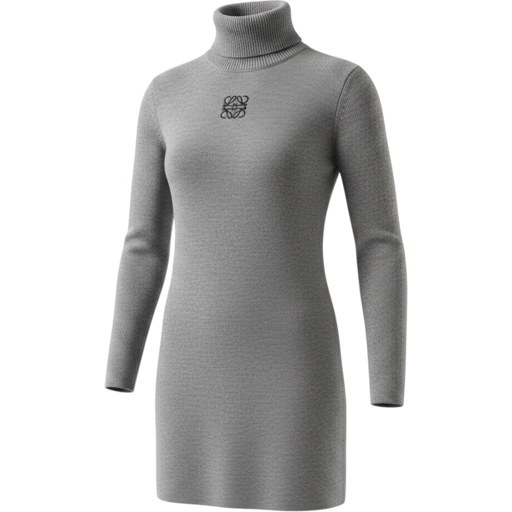 Loewe Grey Anagram Embroidered Turtleneck Long Sleeve Knit Sweater Dress